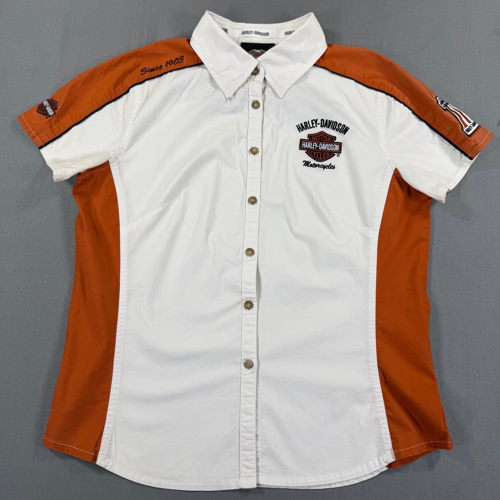 Harley Davidson Shirt Boys L Orange White Embroidered Button Up Motorcycle